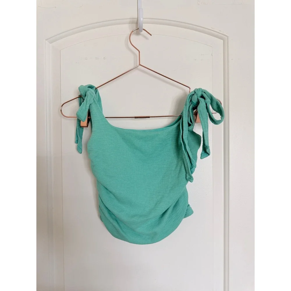 Free People‎ Crop Top Womens Small Mint Green Tie Shoulder Ruched Ribbed Boho